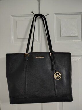 Michael Kors Black Saffiano Leather Tote | Gold Hardware | Large Shoulder Bag